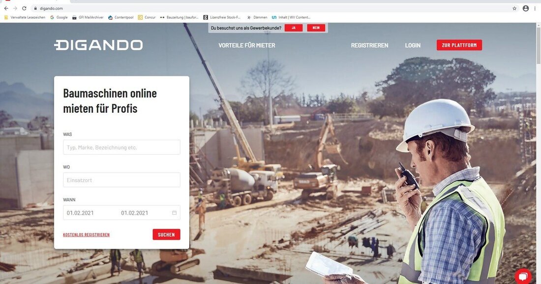 Digando.com verbindet auf seiner Plattform verschiedene Baumaschinenvermieter digital mit ihren Kunden.