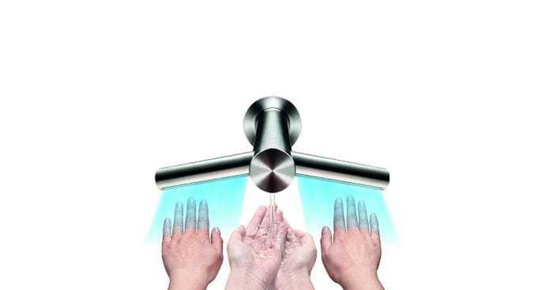 Hände waschen und diese auch gleich trocknen ohne das Waschbecken zu verlassen – das ermöglicht der Dyson Airblade Tap Händetrockner. 