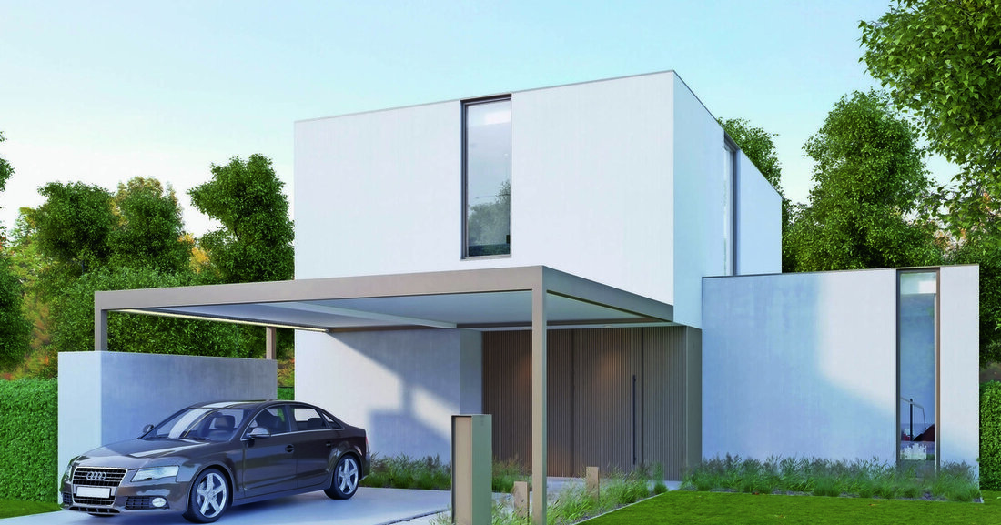 Klare horizontale Linien prägen die neue Überdachung Algarve Canvas von Renson. Canvas besitzt ein feststehendes Dach und ist damit für Carports oder Eingangsüberdachungen geeignet.