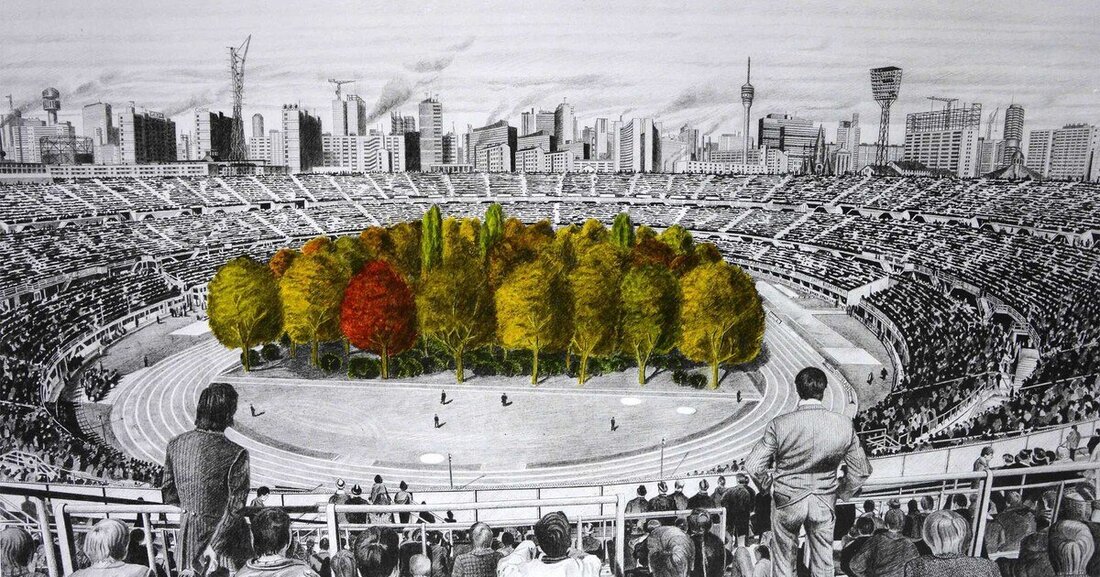 Temporäres künstlerisches Projekt im Klagenfurter Wörthersee-Fußballstadion.