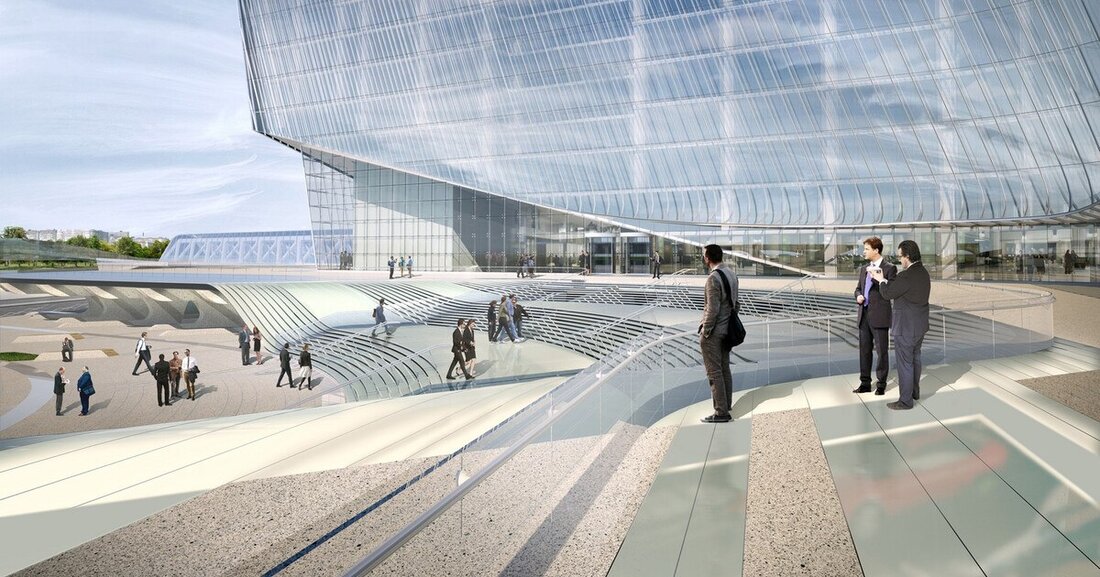 Insgesamt 404 Glasfins ermöglichen großflächige Glasfassaden im neuen Lakhta-Viertel in St. Petersburg. Darunter befinden sich die aktuell längsten verbauten Laminate der Welt.