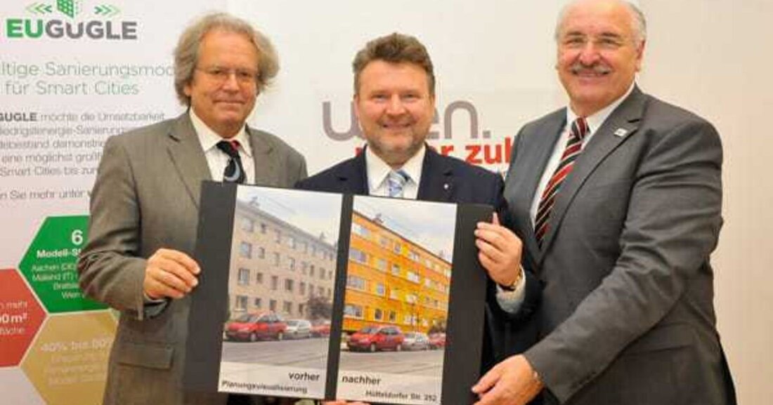 In der Hütteldorfer Straße 252 im 14. Wiener Gemeindebezirk wird mit Fördermitteln aus dem EU-Projekt Eugugle erstmals ein Gemeindebau auf Passivhausstandard saniert. Dabei soll eine beträchtliche Reduktion des Heizwärmebedarfs von rund 90 Prozent erzielt werden.