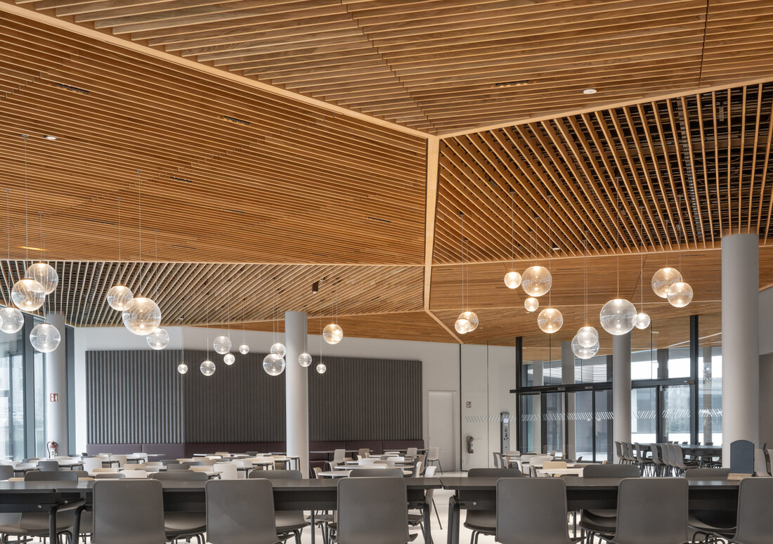 Im neuen Direktionsgebäude des Continentale Versicherungsverbundes in Dortmund wurde eine Derako Massivholzrasterdecke von Hunter Douglas Architectural integriert.