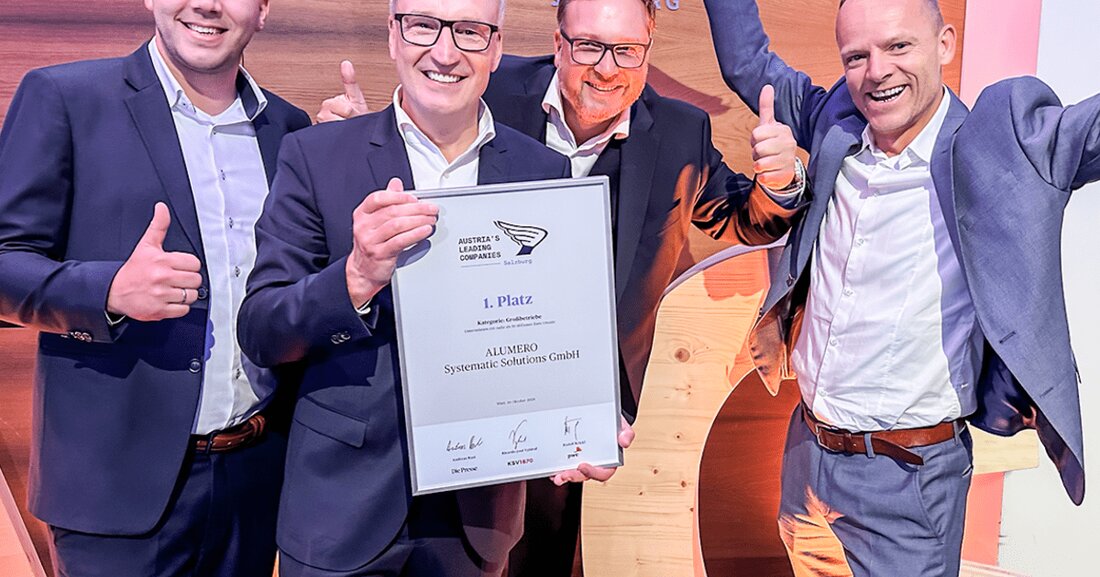 Das PV-Unternehmen Alumero Systematic Solutions erreichte bei den Austria’s Leading Companies Platz 1 in der Kategorie Großbetriebe.